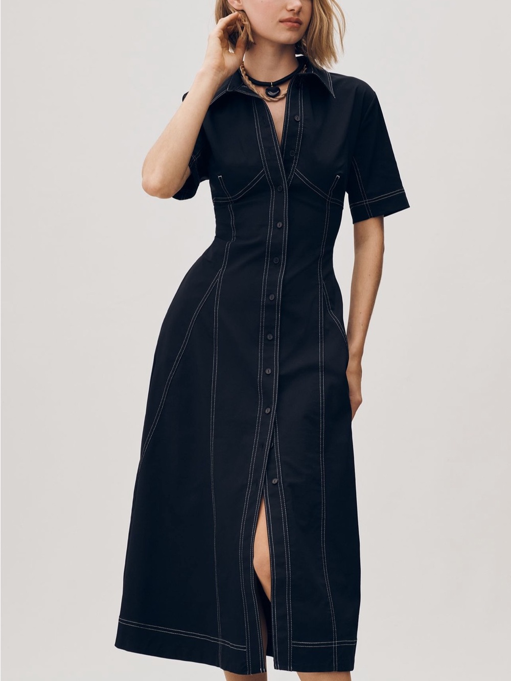Anthropologie Exquise Short-Sleeve Seamed Pleated Midi Dress